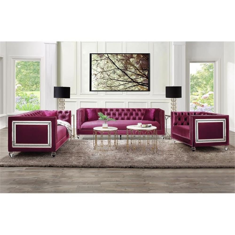 Acme Heibero Button Tufted Velvet Loveseat with 2 Pillows in Burgundy